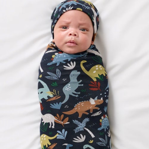 Navy Jurassic Jungle Swaddle & Beanie Set | Little Sleepies