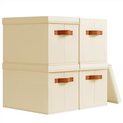 Homsorout Storage Bins with Lids - Fabric Storage Baskets for Shelves, 4 Pack Foldable Decorative Boxes with Handles, Stackable Organizer Bins for Home, Nursery, Dorm, Beige