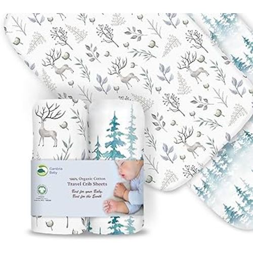 100% Organic Cotton Fitted Travel Crib/Playard Sheets for Guava Lotus, BabyBjorn, Dream on Me, Baby Joy and All Other 24" x 42" Pads/mattresses. Safety Strap Holes in Each Corner. 2 Pk, Deer & Forest