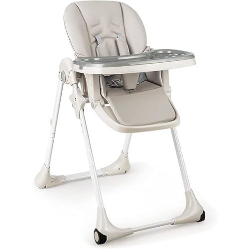 KOTEK Chaise haute pliable pour bébé avec hauteur de siège réglable sur 7 positions, dossier réglable, repose-pieds et plateau, chaise de salle à manger portable pour bébé avec coussin amovible en cuir synthétique, roues pour nourrisson (gris)