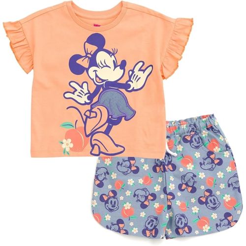 Disney Minnie Mouse Rainbow Floral T-Shirt and Chambray Shorts Outfit Set Infant to Big Kid Sizes (12 Months - 14-16)