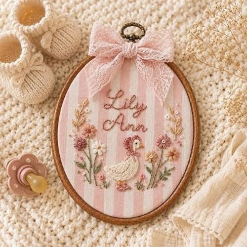 Personalized Goose Baby Name Sign, Custom Embroidered Nursery Name Hoop, Floral Baby Name Wall Decor, Handmade Newborn Keepsake
