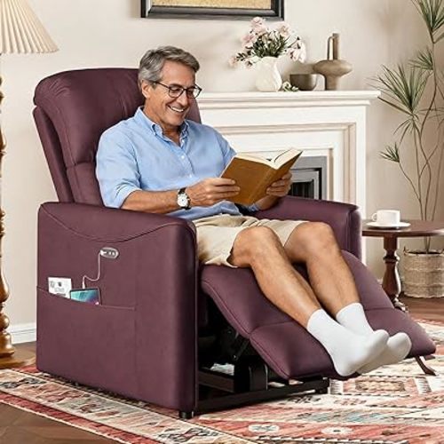 Power Recliner Chair, Reclining Chair, PU Leather Small Recliners for Small Spaces, Infinite Position Electric Recliner Chairs for Adults, Electric Recliners with USB Port, Purple