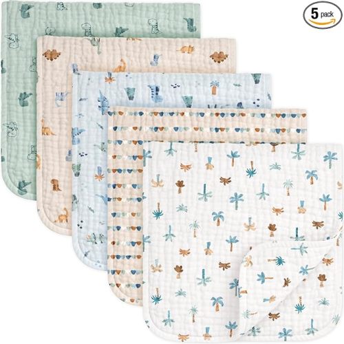 KeaBabies Organic Muslin Burp Cloths Baby Boy, Girl – 5-Pack 100% Cotton Muslin Burping Cloths for Babies, Newborn, 21x10 Large & Absorbent Spit Up Rags, Baby Washcloth, Infant Towels (Dino Park)