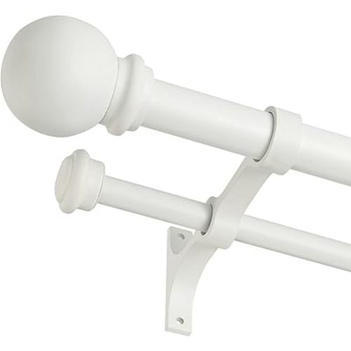 Double Curtain Rod 48 to 84 inch, Adjustable 1 inch Double Drapery Rod Rods for Windows and Doors with Ball Round Finials and Premium Aluminum Brackets Set(48-84",Matte White)