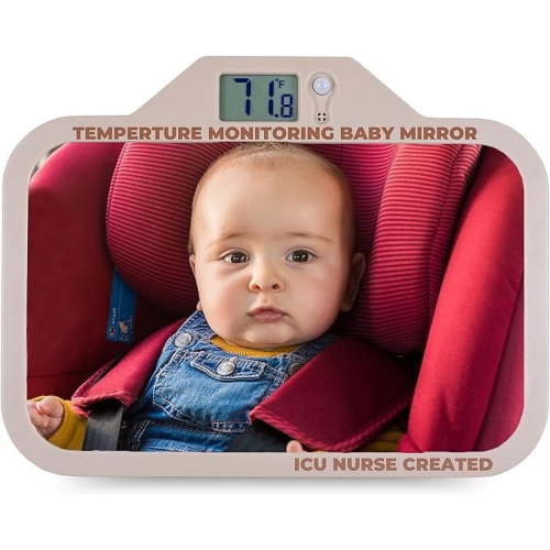 TherMOMirror Baby Car Seat Mirror with Temperature Display | Essential for Newborns | Perfect Baby Registry Gift | 4 Colors (Beige)