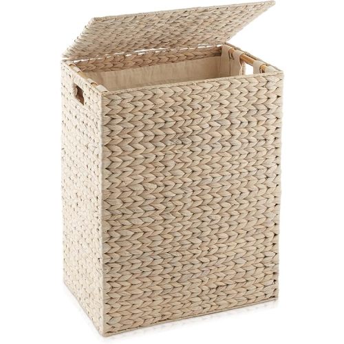 Casafield Large Laundry Hamper with Lid and Removable Liner Bag - Whitewash White, Woven Water Hyacinth Rectangular Laundry Basket Clothes Sorter
