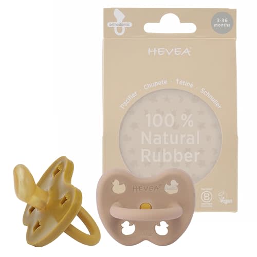 HEVEA Natural Rubber Pacifier Orthodontic 3-36 Months – Hygienic One Piece Design for Newborns to Toddlers, BPA-Free, Soft & Durable - Two-Pack (Golden Honey & Tan Beige)