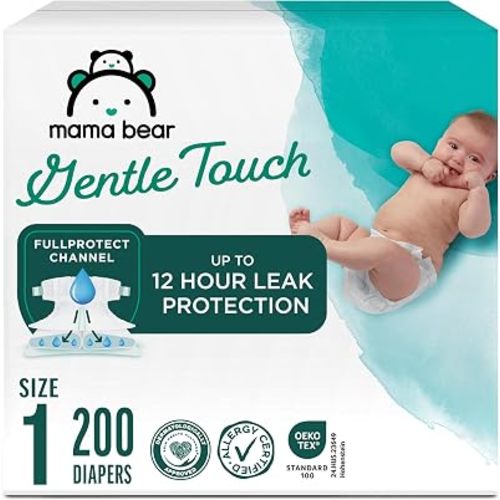 Amazon Brand - Mama Bear Gentle Touch Baby Diapers, Size 1, Leak Protection, Wetness Indicator, Umbilical Cord Cutout, 200 Count (4 packs of 50)