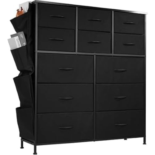 Tall Storage for Bedroom with 12 Fabric Drawers, Wide Chest of Drawers with Side Storage Pockets and Hooks, Sturdy Organizer for Closet, Living Room, Hallway