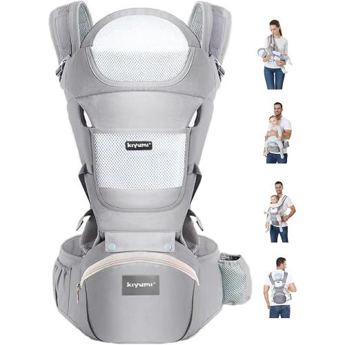 KIYUMI Baby Carrier with Hip Seat, 6- in-1 Baby Carrier Newborn to Toddler, Ergonomic M Position, Head Support and Breathable Mesh,Adjustable Removable Baby Sling Carrier (7-45 lbs), Grey