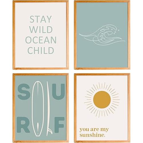 BearCake ocean decor for bedroom,ocean room decor of 4,Beach nursery decor,Surf themed classroom decoration for Playroom nursery,You are My Sunshine Wall 8x10 Inches