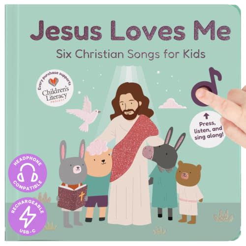 Cali's Books Jesus Loves Me Music Book for Toddlers 1-3 Years Old | Headphone Jack for Private Listening, USB-C Rechargeable, Christian Nursery Rhymes Musical Book