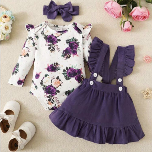 BrownBark Baby Girl Floral Print Ruffle Trim Bodysuit & Pinafore Skirt & Headband | SHEIN USA