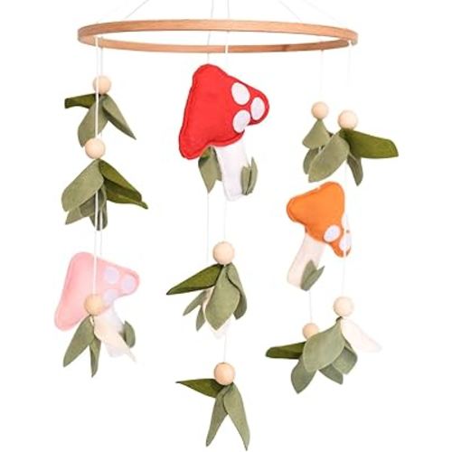 Mushroom Baby Mobile, Green Leaf Mobile for Crib, Crib Mobile for Boys Girls, Forest Nursery Mobile for Bassinet, Pack and Play, Woodland Nursery Décor
