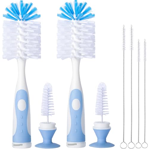 2 Pack Baby Bottle Brush with 4 Pack Straw Brushes, 10.2" Nylon Brushe with Nipple Cleaner and Stand Suction Cup, Blue