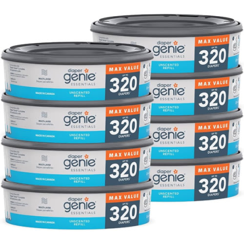 Diaper Genie Essentials Round Refill 8-Pack | Holds Up to 2560 Newborn Diapers | Features Unscented Continuous Film | Compatible with Diaper Genie Complete and Expressions Pails,8 Count (Pack of 1)