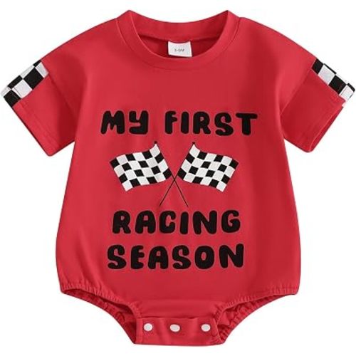 KMBANGI My First Racing Season Outfit Baby Race Car Checkered Flag Romper | Baby Boy Girl Racing Season Romper, Short Sleeve T-shirt Romper, New to The Pit Crew, Casual Summer Clothes