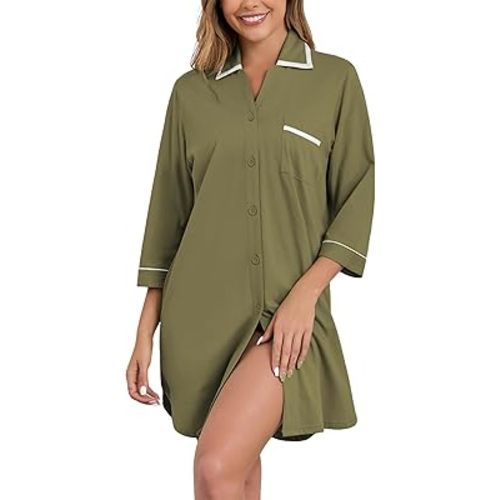 COLORFULLEAF 100% Cotton Nightgowns for Women 3/4 Sleeve Sleep Shirt Button Down Soft Sleepwear Night Dress S-XXL