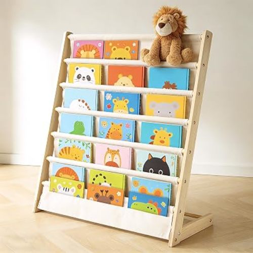 Kids Sling Bookshelf Wooden Montessori Book Rack with Sustainable Linen Fabric Pockets for Nursery and Playroom (Large)