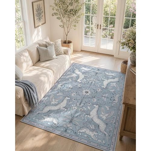 Lahome 5x7 Washable Area Rug for Living Room, Woodland Deer Boho Animal Rug, Vintage Botanical Blue Non-Slip Low Pile Large Carpet for Bedroom Dining Room Nursery Farmhouse Decor