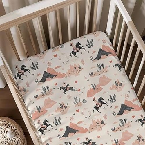 Western Horses Cactus Mountains Hearts Pattern Baby Sheets for Crib, Unisex Western Nursery Fitted Bed Sheet for Boys Girls Standard Crib and Toddler Mattress-28x52