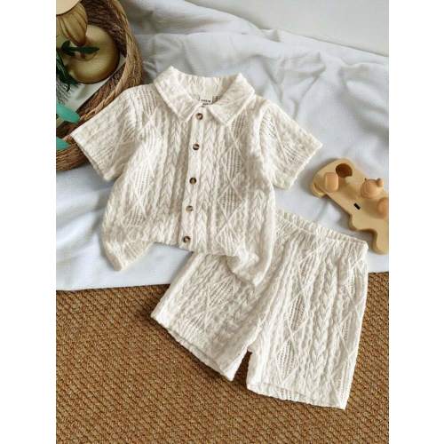 SHEIN Vintaside Kids Unisex Newborn-1 Year Old Baby Outfit, Apricot Short Sleeve Shirt And Shorts Set, Textured Fabric Suitable For Baby To Wear Out In Summer, Adds Texture And Quality To The Outfit | SHEIN EUR