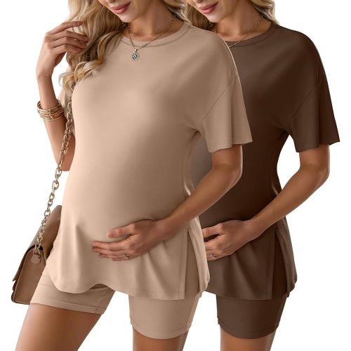 4 Pcs Women's Maternity Pajamas Sets Lounge Pregnancy PJS Outfits Side Slit Short Sleeve Shirts Loungewear Shorts