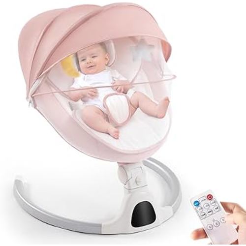 Baby Swing for Infants,Comfort Cradling Baby Rocker Portable Newborn Swing with Music/Remote Control/Timing Function,Pink
