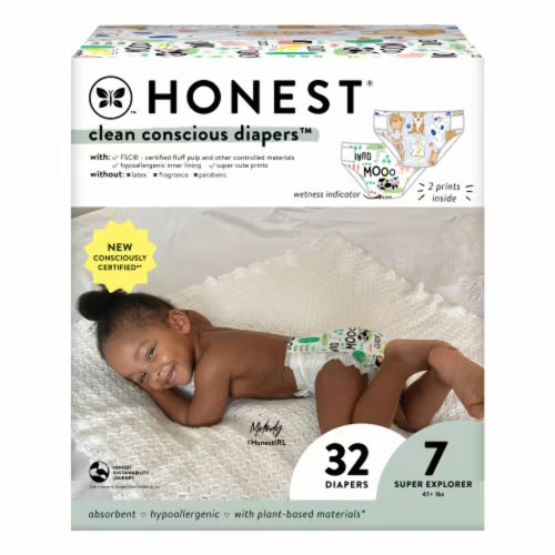 Honest Clean Conscious Diapers Barnyard Babies + Its a Pawty 32 Diapers -- Size 7