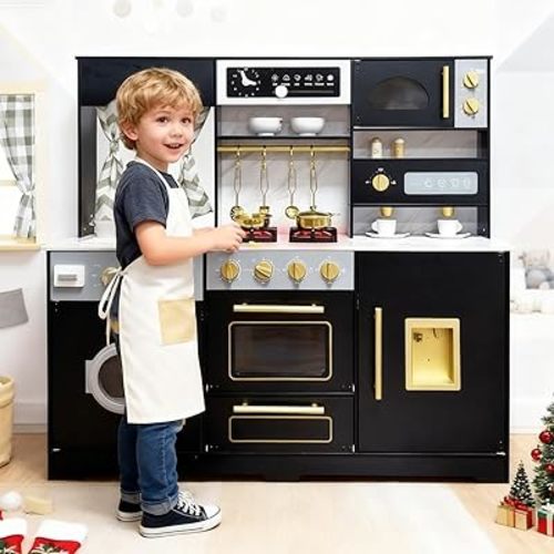 Large Wooden Play Kitchen with Light & Sound, Toy Sink and Water Dispenser with Runing Water, Large Toddler Kitchen Playset with Washing Machine,Premium Gifts for Boys Girls Age 3+