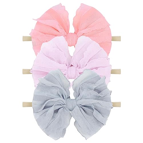 Baby Girls Stretchy Soft Knot Headbands with Hair Bows Newborn Toddler Hairbands Infant Toddlers Kids Hair Accessories Purple Gray Pink 3 PCS