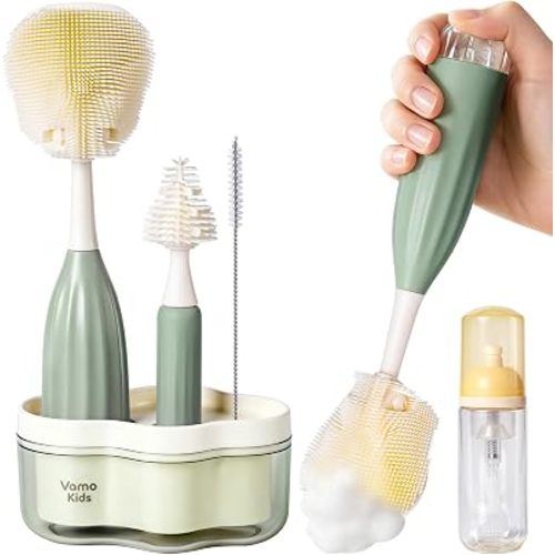 Baby Bottle Brush Set with Soap Dispenser, Foaming Brush & Drying Stand