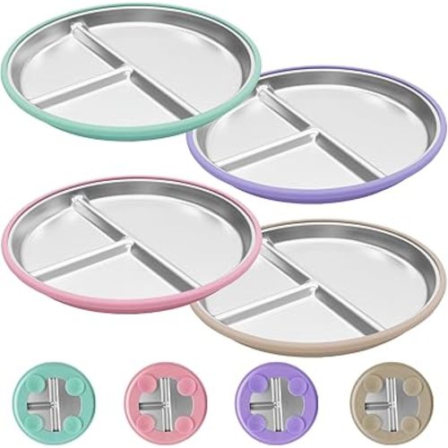 Stainless Steel Baby Plates with Suction, 4 Pack Kids Toddler Plates Set with Sturdy Silicone Suction Base Easy to Clean 9"