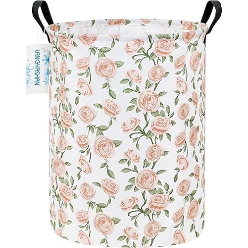 LANGYASHAN Laundry Basket Canvas Fabric Collapsible Organizer Basket for Storage Bin Toy Bins Gift Baskets Bedroom Clothes Children Nursery Hamper (Rose)