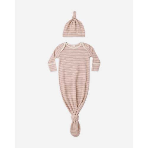 Knotted Baby Gown + Hat Set Dusty Rose Microstripe