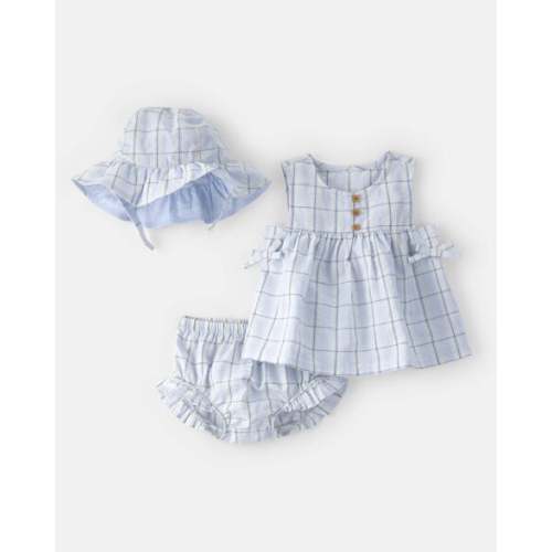 Baby Girl 3-Piece Plaid Hat, Top & Short Set - Blue | Carter's