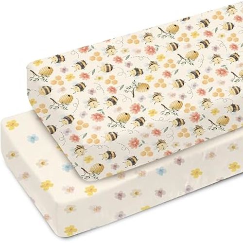 Pastel Bee Floral Baby Crib Sheets for Boy Girl 52x28Inch Vintage Bees Honeycomb Flowers Soft Snug Fitted Crib Mattress Cover Summer Spring Garden Bed Sheet for Standard Crib & Toddler Mattress 2 Pack