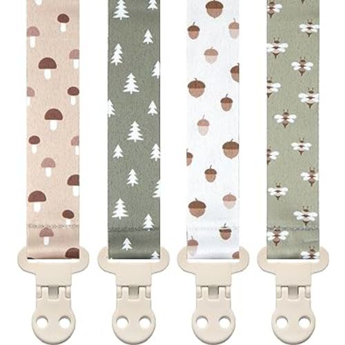 Baby Pacifier Clip Holder - Girl or Boy Unisex 4 Pack Gift Set – Woodland Mushrooms Bees Neutral Green Beige (Forest)