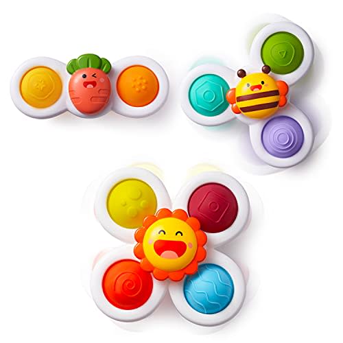 LiKee Strong Suction Cup Fidget Spinnerz Sensory Bath Toys for Baby 12 18 Months Airplane Car Travel Table & Window Toys for 1 2 Years Old Toddler Boys and Girls (Sun)
