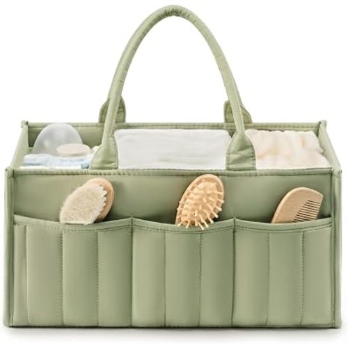 Quilted Diaper Caddy Organizer with Handle, Portable Nursery Storage Basket