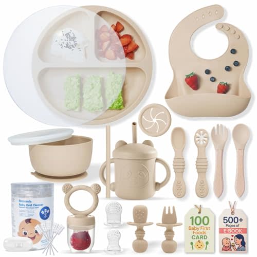 Remonda 23-Piece BPA-Free Silicone Baby Feeding Set | Extra Large Suction Plates, Toddler Bowls, Self Feeding Spoons, and More | Dishwasher Safe| Baby Led Weaning Supplies (Beige)