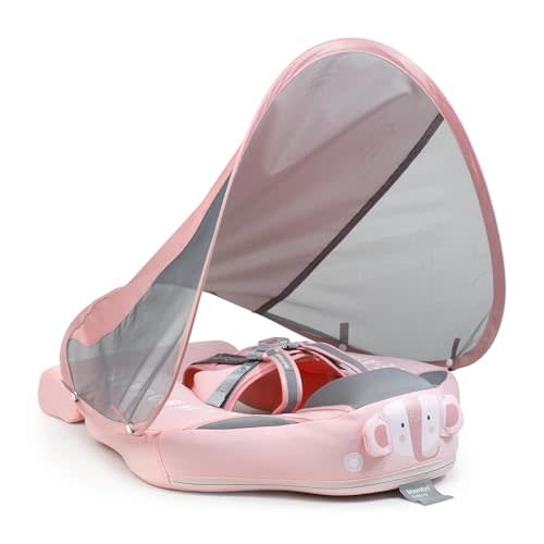 Mambobaby Baby Swim Float with Canopy & Tail Infant Pool Float Non-Inflatable Toddler Swim Float with Skin-Friendly Material for 3-24 Months Baby Boys Grils Elephant Pink