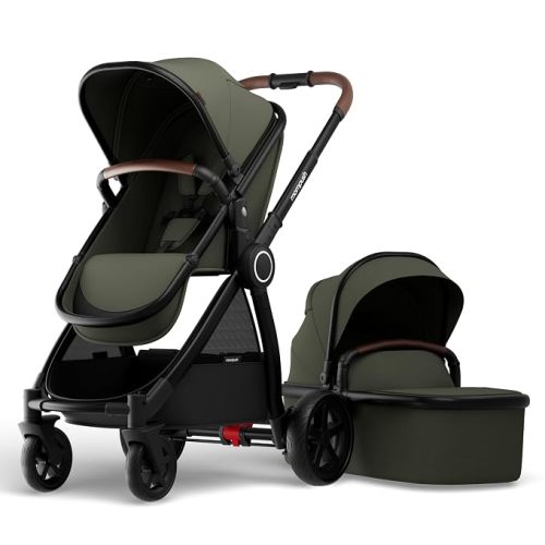 Mompush Ultimate2 Full-Size Stroller with Bassinet, Newborn to Toddler | Reversible seat, all-terrain suspension, one-second compact fold, large basket, UPF50+ canopy, car seat adapter included