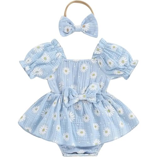 Baby Girls Floral Cotton Leotard Romper Newborn Daisy Playsuits Ruffled Sleeve Onesie Infant Jumpsuit Clothes Headband