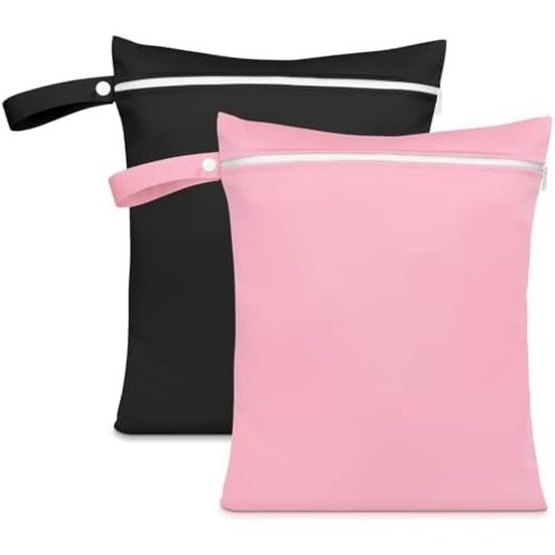 2PCS Wet Bags, Reusable Cloth Diaper Bags with Handle and Zipper, Lightweight Waterproof Travel Laundry Bag, Washable Wet Dry Bag for Baby Items Travel Beach Swimming Gym Camping(Black&Pink)