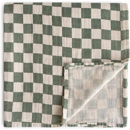 mushie Muslin Baby Swaddle Blanket | 100% Organic Cotton (Olive Check)