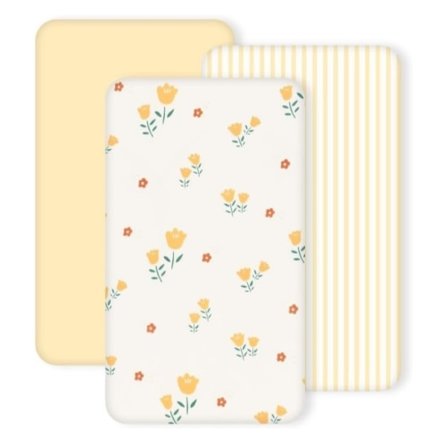 3 Pack Stretchy Bassinet Sheets - Universal Fit for Rectangle, Round, Oval, Hourglass Cradles & Moses Baskets - Soft Breathable Fitted Bassinet Sheets Set for Baby - Yellow & Flower