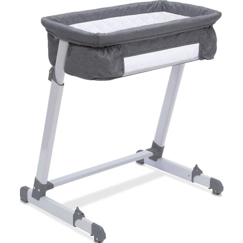 Simmons Kids By The Bed City Sleeper Bassinet - Adjustable Height Portable Crib with Wheels & Airflow Mesh, Grey Tweed