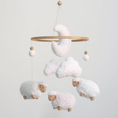 Sheep Baby Mobile for Crib, Cloud Baby Crib Mobile for Girls & Boys, Neutral Crib Toys Hanging, Lamb Baby Mobile for Bassinet, Nursery Decor - Pure White